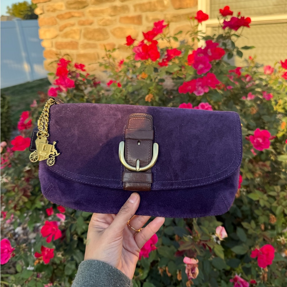 NEW COACH vintage purple suede baguette wristlet shoulder Bag Purse Clutch 42054